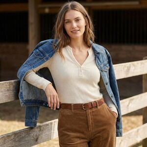 Vintage 90s Lauren Jeans Co Ralph Lauren Henley Top Womens Large Cream Ribbed‎